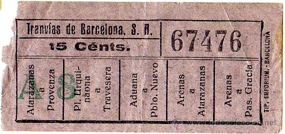 Colecionismos Bilhetes de Transporte: BILLETE TRANV&Iacute;A \ TRANV&Iacute;AS DE BARCELONA \ VARIOS TRAYECTOS \ 15 CTS \ CAPICUA (IMP. EMPORIUM)
