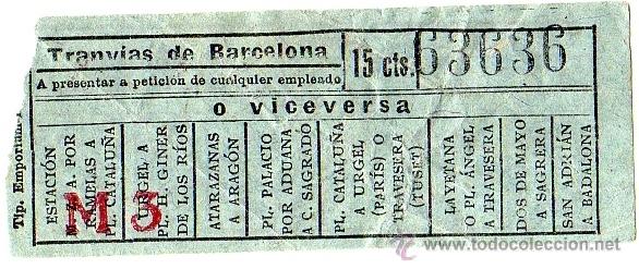 Colecionismos Bilhetes de Transporte: BILLETE TRANV&Iacute;A \ TRANV&Iacute;AS DE BARCELONA \ VARIOS TRAYECTOS \ 15 CTS \ CAPICUA (IMP. EMPORIUM)