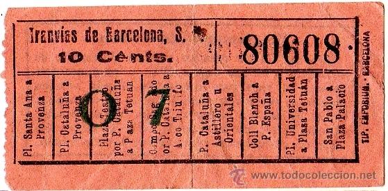Colecionismos Bilhetes de Transporte: BILLETE TRANV&Iacute;A \ TRANV&Iacute;AS DE BARCELONA \ VARIOS TRAYECTOS \ 10 CTS \ CAPICUA (IMP. EMPORIUM)