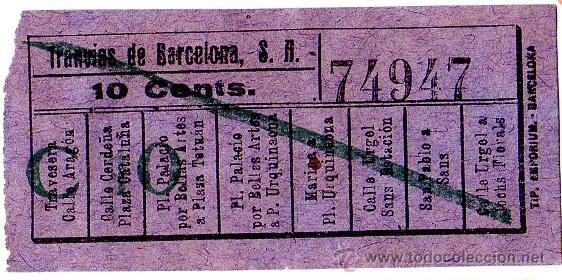 Colecionismos Bilhetes de Transporte: BILLETE TRANV&Iacute;A \ TRANV&Iacute;AS DE BARCELONA \ VARIOS TRAYECTOS \ 10 CTS \ CAPICUA (IMP. EMPORIUM)