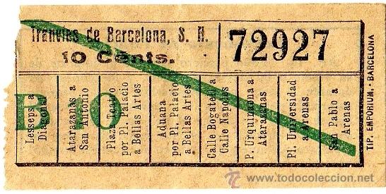 Colecionismos Bilhetes de Transporte: BILLETE TRANV&Iacute;A \ TRANV&Iacute;AS DE BARCELONA \ VARIOS TRAYECTOS \ 10 CTS \ CAPICUA (IMP. EMPORIUM)