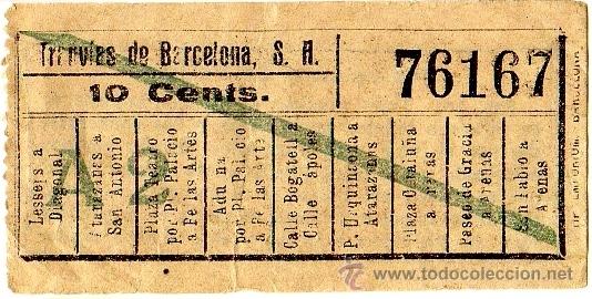 Colecionismos Bilhetes de Transporte: BILLETE TRANV&Iacute;A \ TRANV&Iacute;AS DE BARCELONA \ VARIOS TRAYECTOS \ 10 CTS \ CAPICUA (IMP. EMPORIUM)