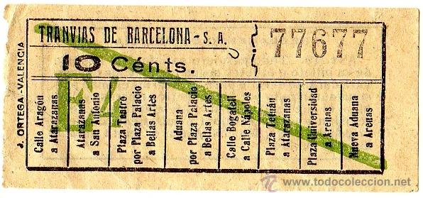 Colecionismos Bilhetes de Transporte: BILLETE TRANV&Iacute;A \ TRANV&Iacute;AS DE BARCELONA \ VARIOS TRAYECTOS \ 10 CTS \ CAPICUA (ORTEGA - VALENCIA)