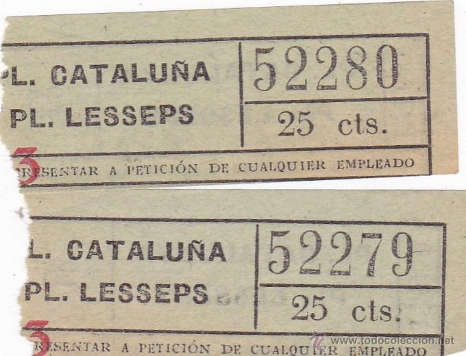 Coleccionismo Billetes de transporte: 2 billetes Pl Catalu&ntilde;a pl Lesseps 25 cts.