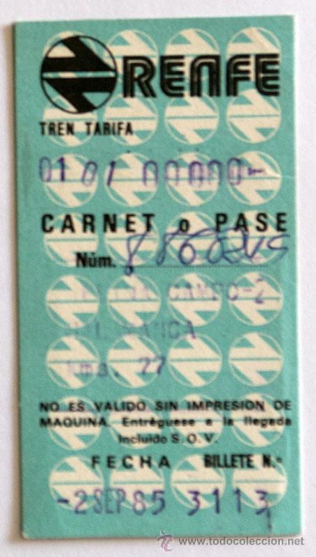 Coleccionismo Billetes de transporte: BILLETE TREN RENFE HUGIN AZUL CARNET O PASE TARIFA 01 MEDINA SALAMANCA 1985