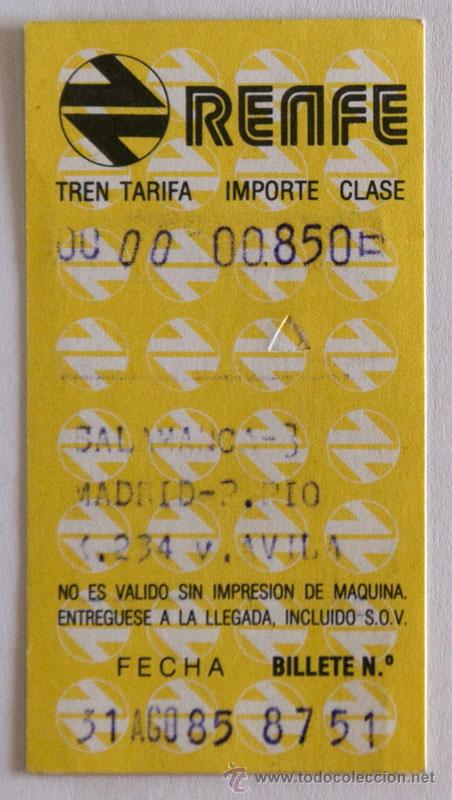 Coleccionismo Billetes de transporte: BILLETE TREN RENFE HUGIN TARIFA 00 SALAMANCA - MADRID PRINCIPE P&Iacute;O 1985