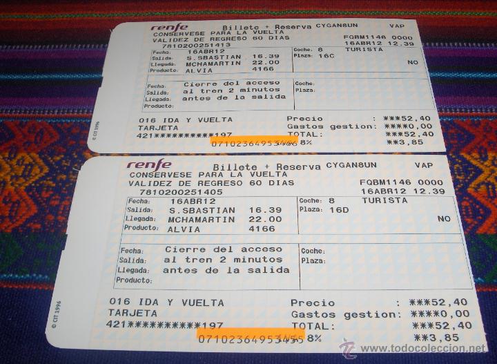 Colecionismos Bilhetes de Transporte: 2 BILLETES IDA Y VUELTA RENFE TREN ALVIA MADRID CHAMART&Iacute;N SAN SEBASTI&Aacute;N. 16-4-2012. BE.