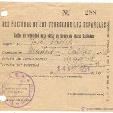Coleccionismo Billetes de transporte: RENFE: TALÓN DE IDENTIDAD PARA VIAJAR. 1951. Lote 46142702