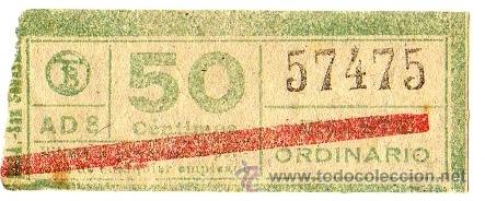 Collectables Transport Tickets: BILLETE TRANV&Iacute;A DE BARCELONA \ 50 CTS \ BILLETE ORDINARIO \ COLOR VERDE \ BANDA ROJA \ CAPICUA