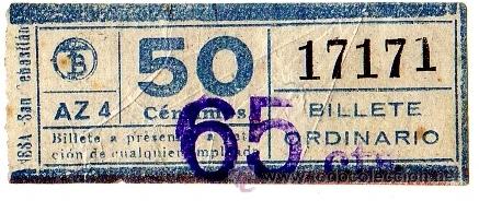 Collectables Transport Tickets: BILLETE TRANV&Iacute;A DE BARCELONA \ 50 CTS (RESELLO 65 CTS) \ BILLETE ORDINARIO \ COLOR AZUL \ CAPICUA
