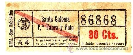 Colecionismos Bilhetes de Transporte: BILLETE TRANV&Iacute;A DE BARCELONA \ 80 CTS \ SANTA COLOMA - PASEO FABRA Y PUIG \ BANDA ROJA \ CAPICUA