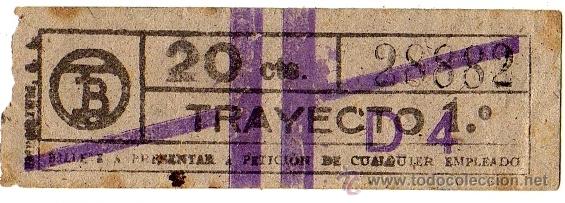 Colecionismos Bilhetes de Transporte: BILLETE TRANV&Iacute;A DE BARCELONA \ 20 CTS \ TRAYECTO 1 \ BANDA VIOLETA \ CAPICUA