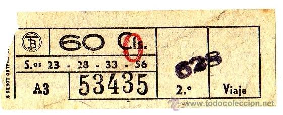 Sammeln von Fahrkarten: BILLETE TRANV&Iacute;A DE BARCELONA \ 60 CTS \ SERVICIOS 23, 28, 33, 56 \ TRAYECTO 2 \ CAPICUA