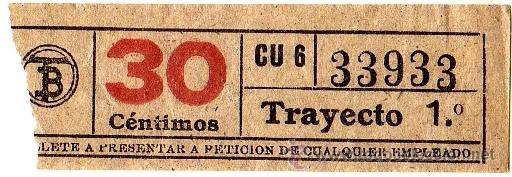 Sammeln von Fahrkarten: BILLETE TRANV&Iacute;A DE BARCELONA \ 30 CTS \ TRAYECTO 1 \ CAPICUA