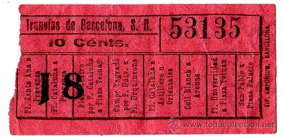 Sammeln von Fahrkarten: BILLETE TRANV&Iacute;A \ TRANV&Iacute;AS DE BARCELONA \ VARIOS TRAYECTOS \ 10 CTS \ CAPICUA