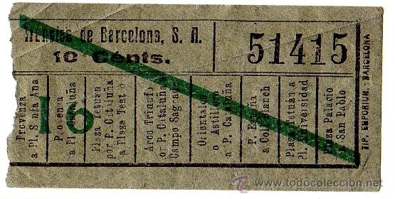Sammeln von Fahrkarten: BILLETE TRANV&Iacute;A \ TRANV&Iacute;AS DE BARCELONA \ VARIOS TRAYECTOS \ 10 CTS \ CAPICUA