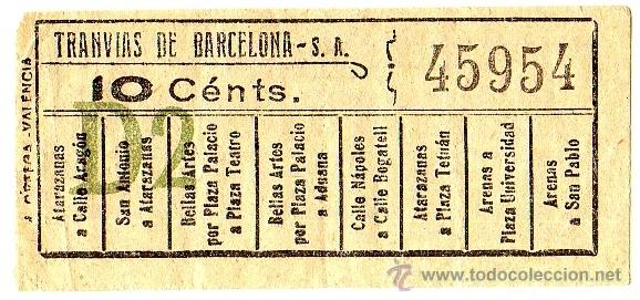 Sammeln von Fahrkarten: BILLETE TRANV&Iacute;A \ TRANV&Iacute;AS DE BARCELONA \ VARIOS TRAYECTOS \ 10 CTS \ CAPICUA