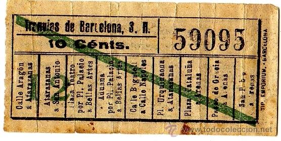 Sammeln von Fahrkarten: BILLETE TRANV&Iacute;A \ TRANV&Iacute;AS DE BARCELONA \ VARIOS TRAYECTOS \ 10 CTS \ CAPICUA