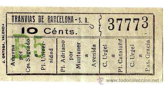 Sammeln von Fahrkarten: BILLETE TRANV&Iacute;A \ TRANV&Iacute;AS DE BARCELONA \ VARIOS TRAYECTOS \ 10 CTS \ CAPICUA