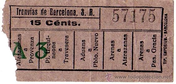 Sammeln von Fahrkarten: BILLETE TRANV&Iacute;A \ TRANV&Iacute;AS DE BARCELONA \ VARIOS TRAYECTOS \ 15 CTS \ CAPICUA