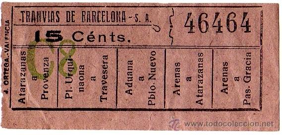 Sammeln von Fahrkarten: BILLETE TRANV&Iacute;A \ TRANV&Iacute;AS DE BARCELONA \ VARIOS TRAYECTOS \ 15 CTS \ CAPICUA
