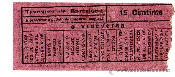 Collectionnisme Billets de transport: BILLETE TRANV&Iacute;AS DE BARCELONA \ VARIOS TRAYECTOS \ 15 CTS \ CAPICUA (TODO EL TEXTO EN CATAL&Aacute;N)