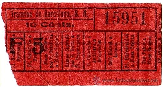 Colecionismos Bilhetes de Transporte: BILLETE TRANV&Iacute;AS DE BARCELONA \ VARIOS TRAYECTOS \ 10 CTS \ CAPICUA