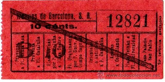 Colecionismos Bilhetes de Transporte: BILLETE TRANV&Iacute;AS DE BARCELONA \ VARIOS TRAYECTOS \ 10 CTS \ CAPICUA