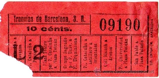 Colecionismos Bilhetes de Transporte: BILLETE TRANV&Iacute;AS DE BARCELONA \ VARIOS TRAYECTOS \ 10 CTS \ CAPICUA
