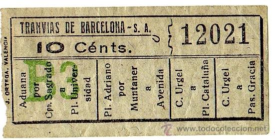 Collectionnisme Billets de transport: BILLETE TRANV&Iacute;AS DE BARCELONA \ VARIOS TRAYECTOS \ 10 CTS \ CAPICUA