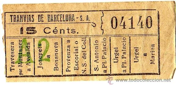Collectionnisme Billets de transport: BILLETE TRANV&Iacute;AS DE BARCELONA \ VARIOS TRAYECTOS \ 15 CTS \ CAPICUA