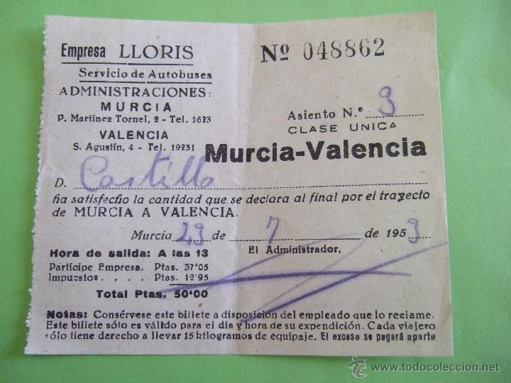 Coleccionismo Billetes de transporte: BILLETE AUTOBUS - EMPRESA LLORIS - MURCIA VALENCIA - 1953