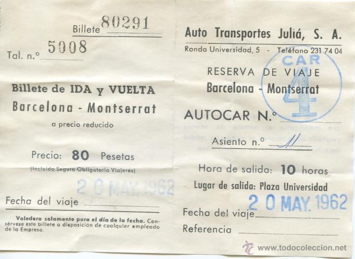 Collectionnisme Billets de transport: BILLETE DE AUTOCAR DE BARCELONA A MONTSERRAT // AUTO TRANSPORTES JUKLIA, S.A. // 1962