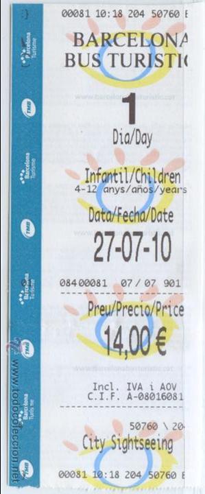 Sammeln von Fahrkarten: (F27//6) BILLETE DE BUS TURISTIC DE BARCELONA / UN DIA INFANTIL / 2010