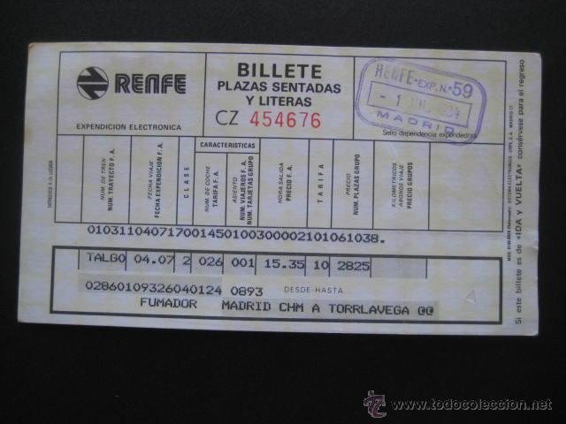Colecionismos Bilhetes de Transporte: RENFE. BILLETE PLAZAS SENTADAS Y LITERAS. FUMADOR. MADRID-TORRELAVEGA. 1984.. ENVIO INCLUIDO.
