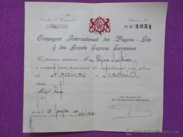 Coleccionismo Billetes de transporte: BILLETE TRANSPORTE TREN, PAGO SUPLEMENTO DE UNA PLAZA DE ALGECIRAS A MADRID, 19-4-1946, N&ordm;1051, ET1