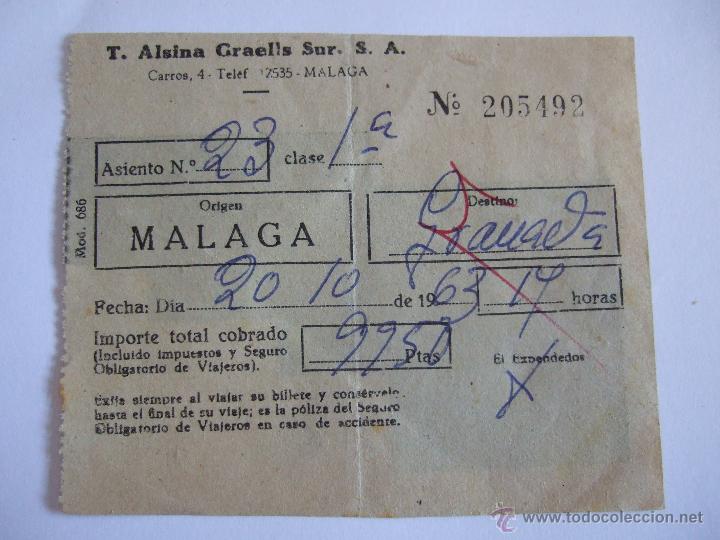 Coleccionismo Billetes de transporte: BILLETE - T. ALSINA GRAELLS SUR S.A. - MALAGA GRANADA - 1963