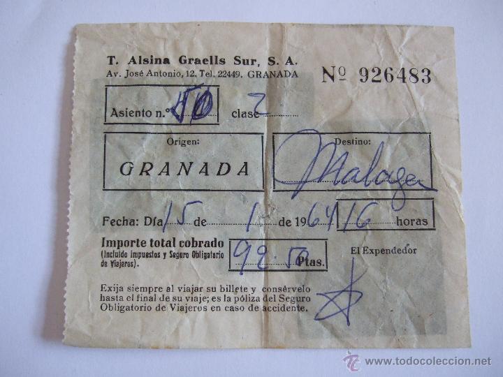 Coleccionismo Billetes de transporte: BILLETE - T. ALSINA GRAELLS SUR S.A. - GRANADA MALAGA - 1963