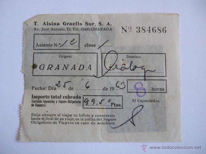 Coleccionismo Billetes de transporte: BILLETE - T. ALSINA GRAELLS SUR S.A. - GRANADA MALAGA - 1963