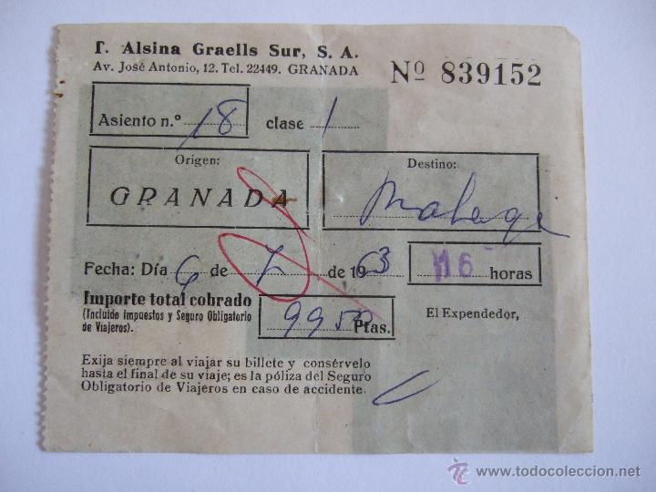 Coleccionismo Billetes de transporte: BILLETE - T. ALSINA GRAELLS SUR S.A. - GRANADA MALAGA - 1963