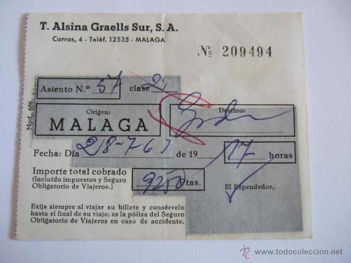Coleccionismo Billetes de transporte: BILLETE - T. ALSINA GRAELLS SUR S.A. - MALAGA GRANADA - 1963