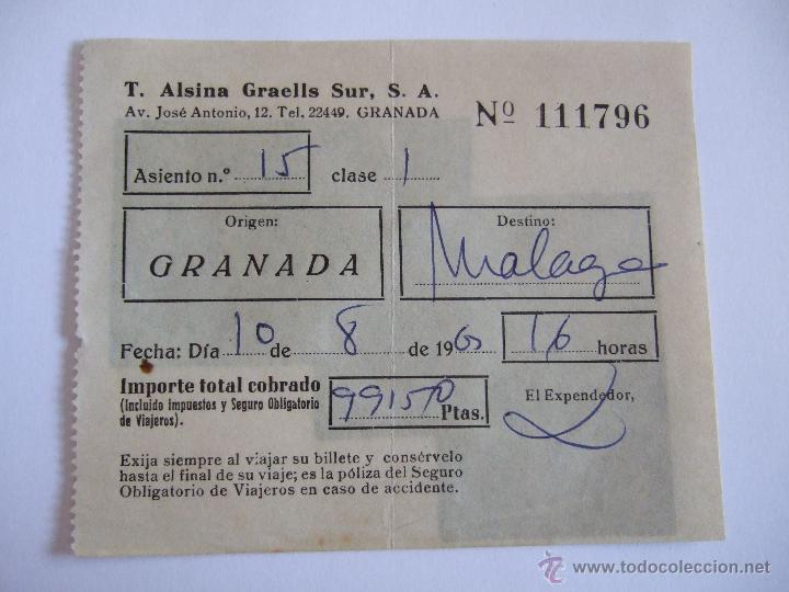 Coleccionismo Billetes de transporte: BILLETE - T. ALSINA GRAELLS SUR S.A. - GRANADA MALAGA - 1963