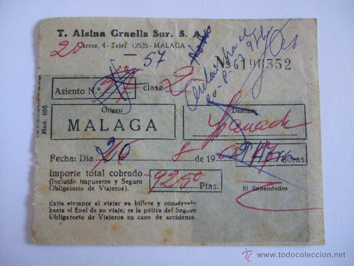 Coleccionismo Billetes de transporte: BILLETE - T. ALSINA GRAELLS SUR S.A. - MALAGA GRANADA - 1963