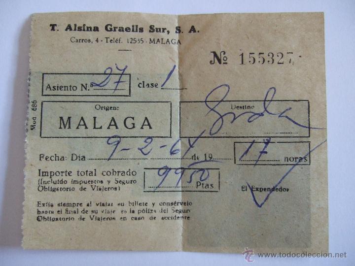 Coleccionismo Billetes de transporte: BILLETE - T. ALSINA GRAELLS SUR S.A. - MALAGA GRANADA - 1964
