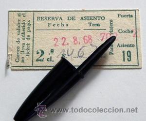 Coleccionismo Billetes de transporte: BILLETE RESERVA DE ASIENTO A&Ntilde;OS 60 - TREN 2&ordf; CL RENFE ESPA&Ntilde;A A&Ntilde;O 1968 - TIQUE FERROCARRIL TRANSPORTE
