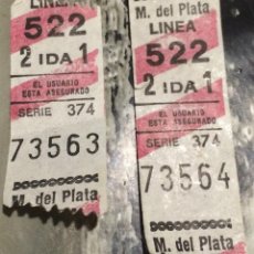 Coleccionismo Billetes de transporte: 2 BILLETES DE BUS DE LA CIUDAD DE MAR DEL PLATA, ARGENTINA. NUMERACIÓN CONSECUTIVA. VINTAGE, AÑOS 80. Lote 54186883