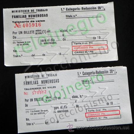 Coleccionismo Billetes de transporte: BILLETES DIFERENTES DE TREN FAMILIAS NUMEROSAS FRANQUISMO FERROCARRIL ESPA&Ntilde;A BILLETE TRANSPORTE VALE