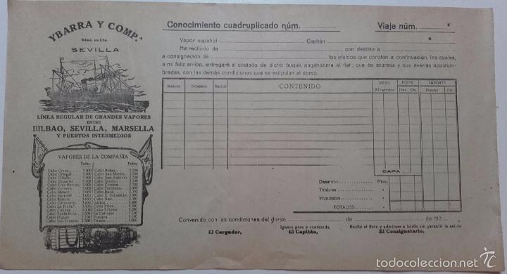 Collectables Transport Tickets: YBARRA, LINEA REGULAR GRANDES VAPORES, BILBAO, SEVILLA, MARSELLA, RECIBO DE EMBARQUE FLETE, A&Ntilde;OS 20.