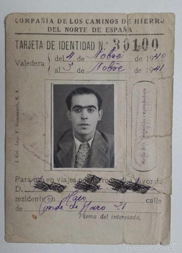Coleccionismo Billetes de transporte: COMPA&Ntilde;&Iacute;A DE LOS CAMINOS DE HIERRO DEL NORTE DE ESPA&Ntilde;A, TARJETA DE IDENTIDAD, A&Ntilde;OS 40.