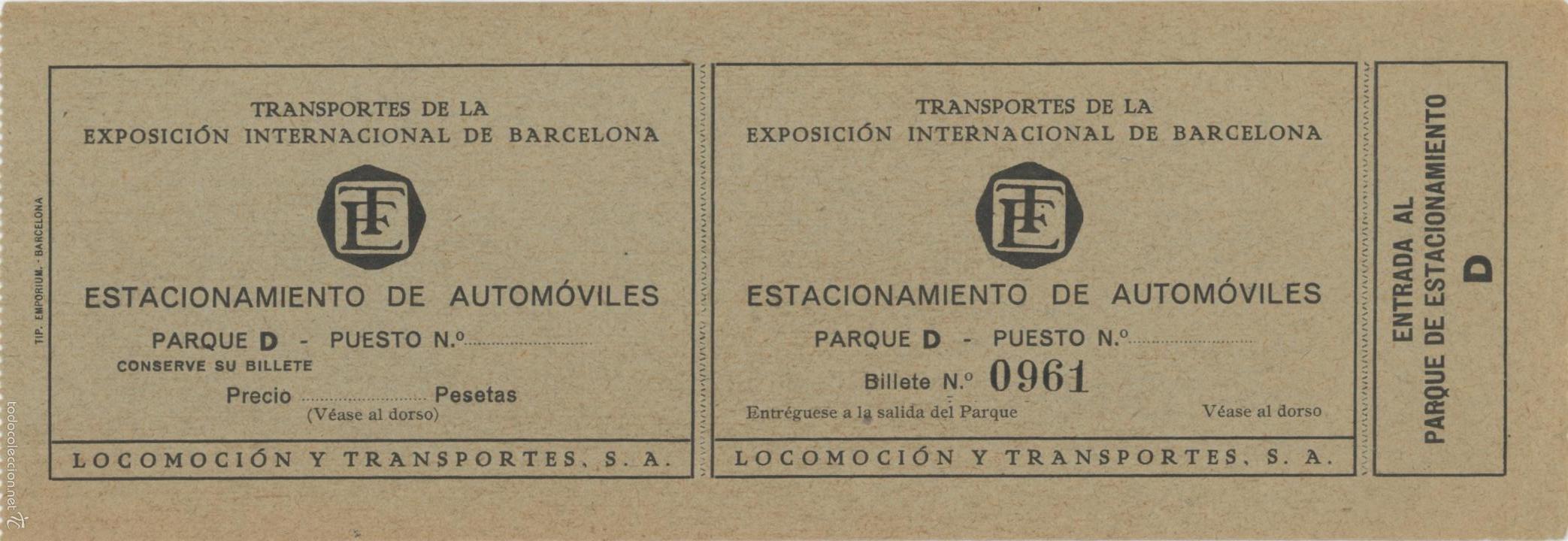 Colecionismos Bilhetes de Transporte: (F13//12 ) BILLETE DE ESTACIONAMIENTO DE AUTOMOVILES // EXPOSICION DE BARCELONA 1929